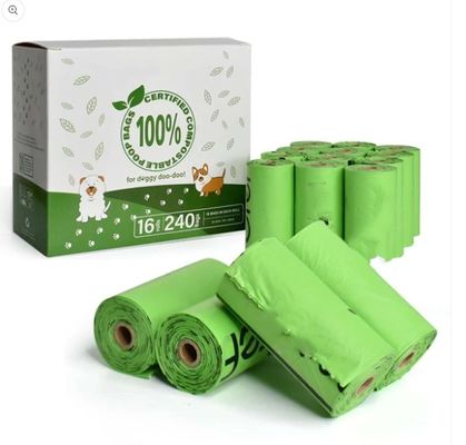 Warm verkoop 100% biologisch afbreekbaar maïszetmeel honden poep zak hond afval zak composteerbare poep zakken duurzaam OEM logo accepteren 15 micron